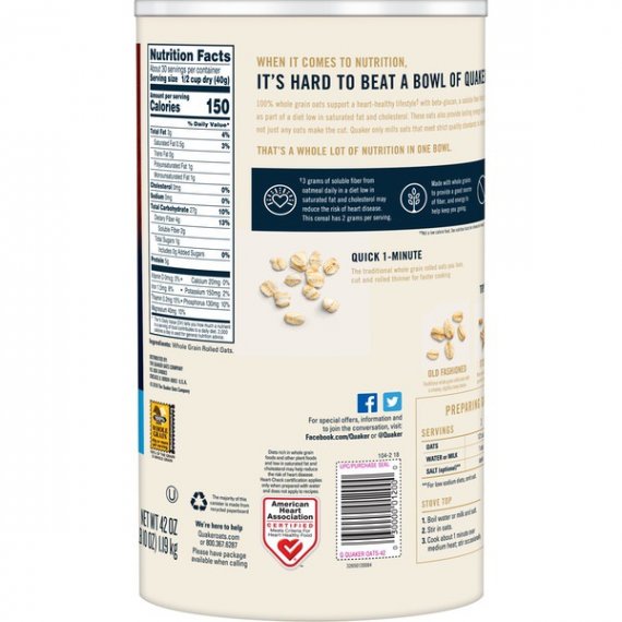 Quaker Oats, Quick 1 - Minute Oatmeal, 42 oz Canister, 3 image
