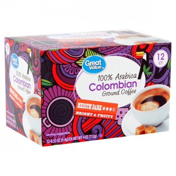 Great Value 100% Arabica Colombian Coffee Pods, Medium-Dark Roast, 12 Count