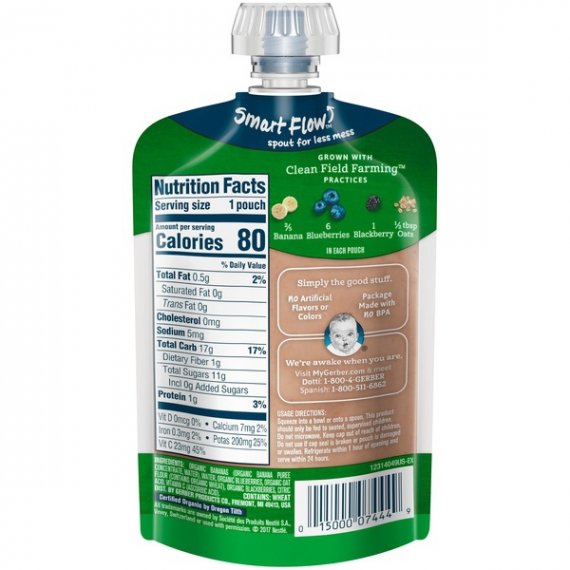 Gerber Organic 2nd Foods Baby Food, Banana Blueberry Blackberry Oatmeal, 3.5 oz Pouch, 2 image