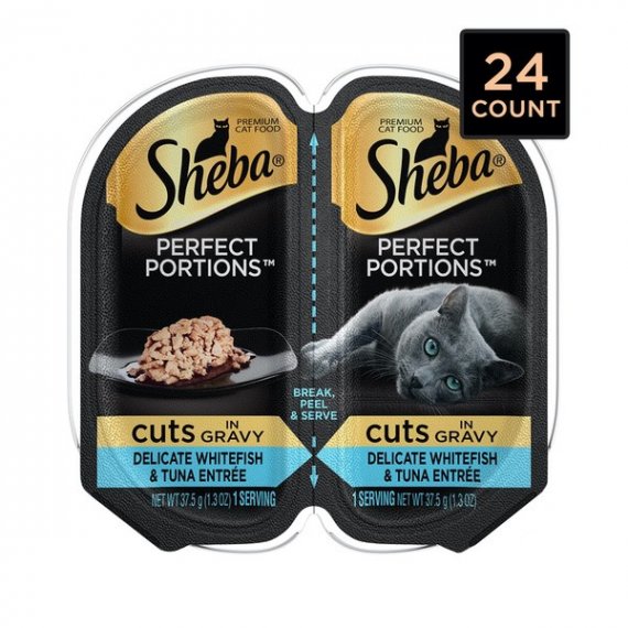 Sheba Perfect Portions Wet Cat Food Cuts in Gravy Delicate Whitefish & Tuna Entree, 2.6 oz. Twin-Pack Trays, 8 image