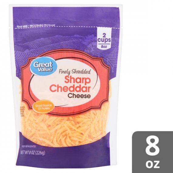 Great Value Finely Shredded Sharp Cheddar Cheese, 8 oz, 10 image