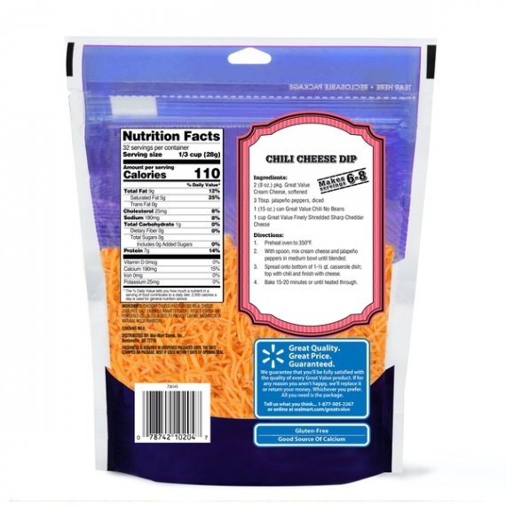 Great Value Finely Shredded Sharp Cheddar Cheese, 32 Oz., 9 image